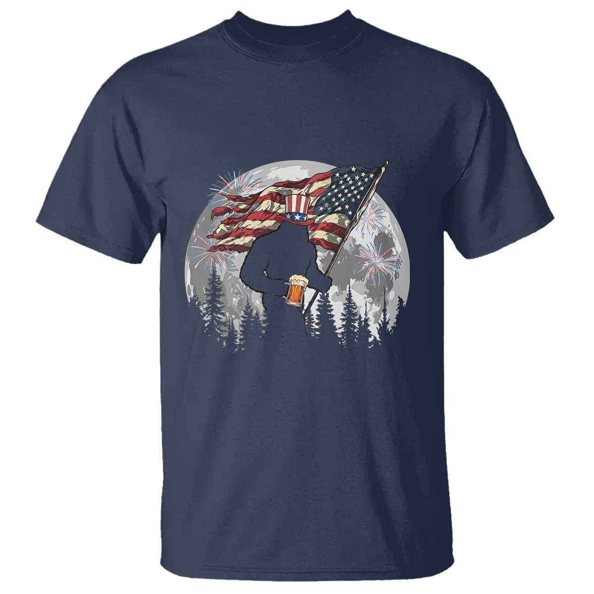 Bigfoot Drinking Beer 4th of July T Shirt Sasquatch Hiking Moon American Flag