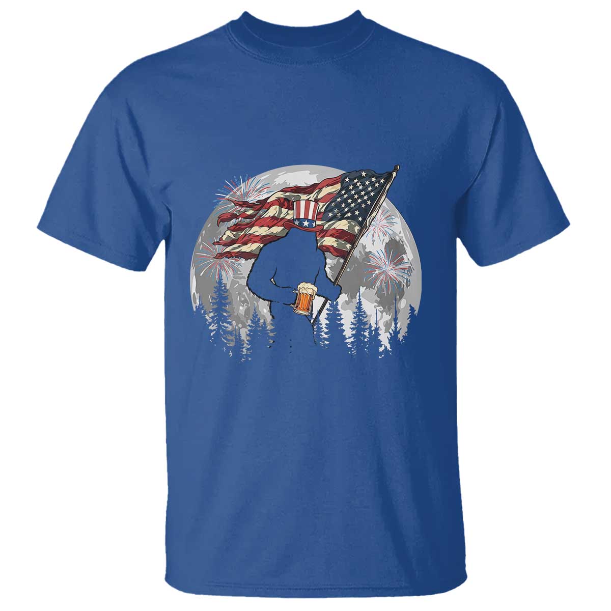 Bigfoot Drinking Beer 4th of July T Shirt Sasquatch Hiking Moon American Flag