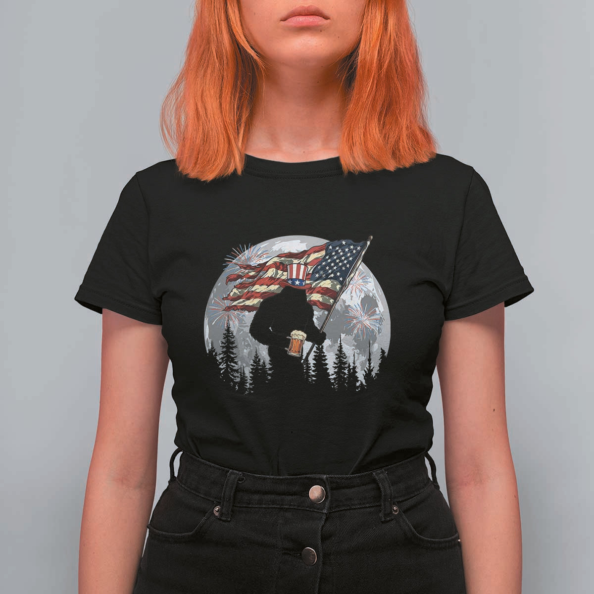 Bigfoot Drinking Beer 4th of July T Shirt For Women Sasquatch Hiking Moon American Flag