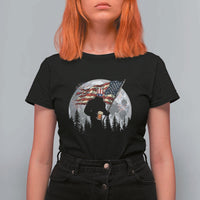 Bigfoot Drinking Beer 4th of July T Shirt For Women Sasquatch Hiking Moon American Flag