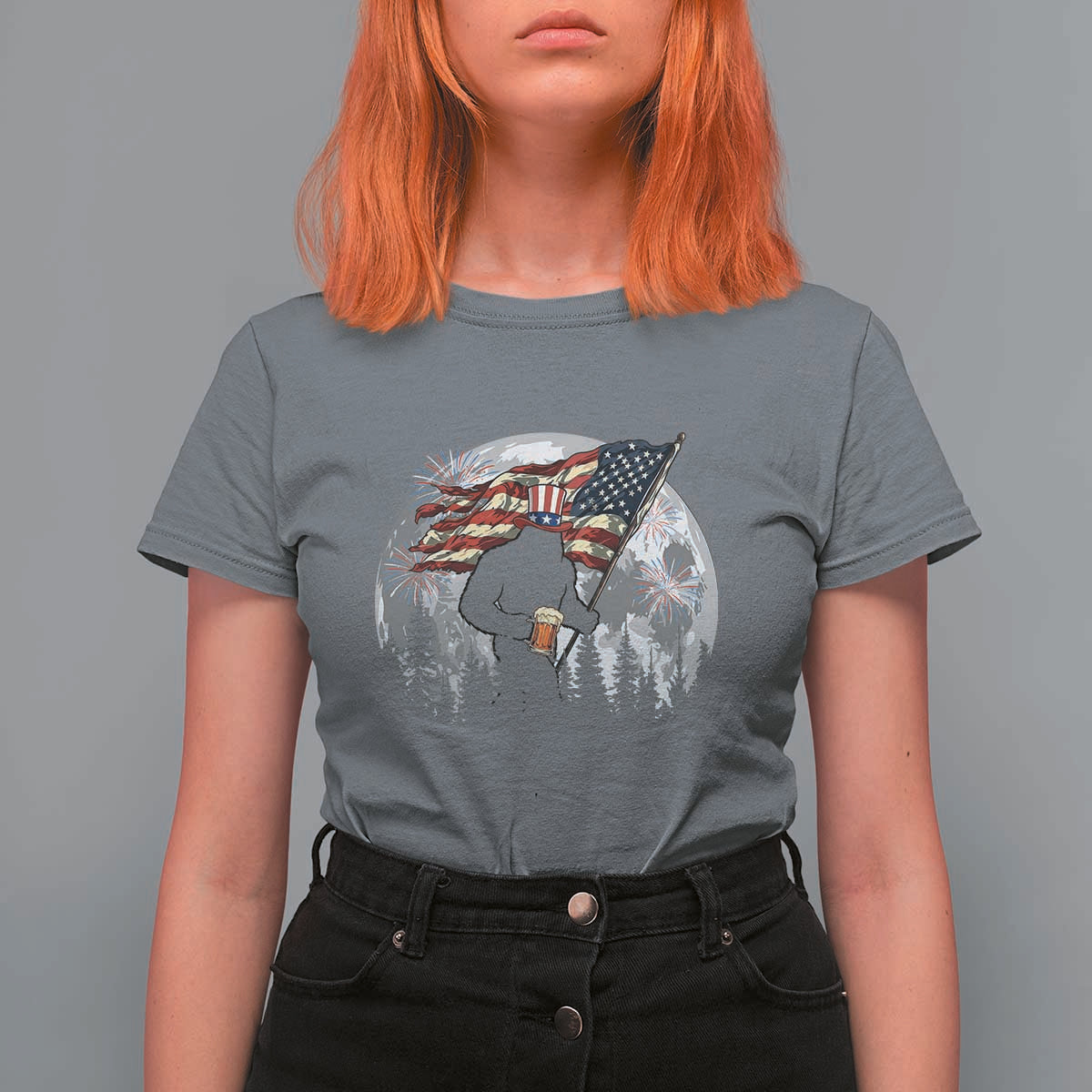 Bigfoot Drinking Beer 4th of July T Shirt For Women Sasquatch Hiking Moon American Flag
