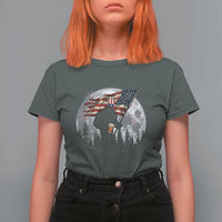 Bigfoot Drinking Beer 4th of July T Shirt For Women Sasquatch Hiking Moon American Flag