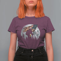 Bigfoot Drinking Beer 4th of July T Shirt For Women Sasquatch Hiking Moon American Flag