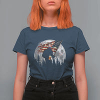 Bigfoot Drinking Beer 4th of July T Shirt For Women Sasquatch Hiking Moon American Flag