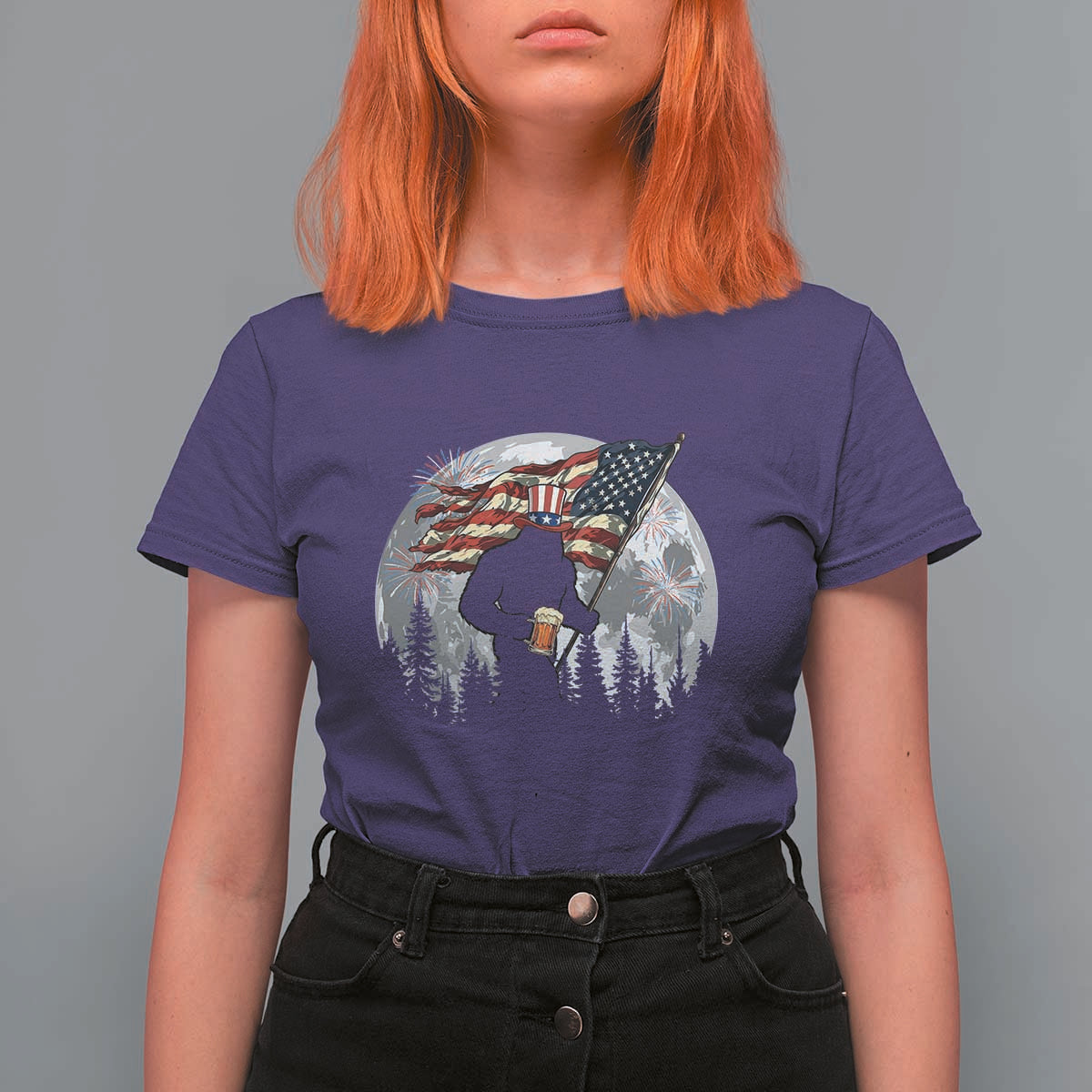 Bigfoot Drinking Beer 4th of July T Shirt For Women Sasquatch Hiking Moon American Flag