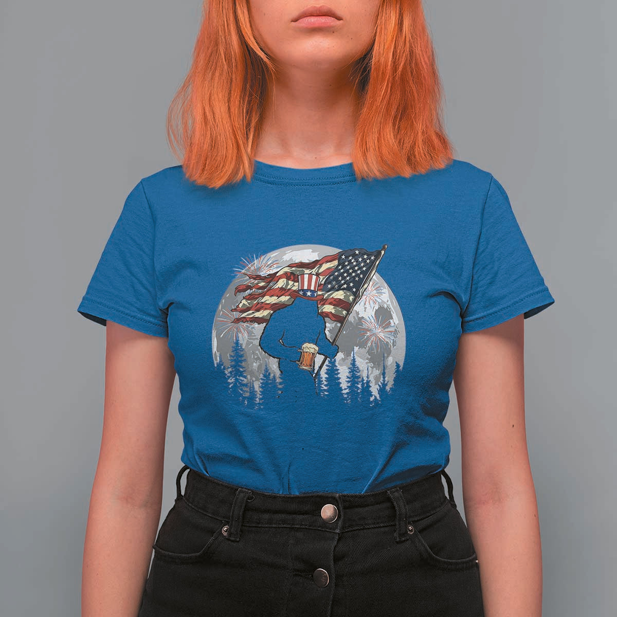 Bigfoot Drinking Beer 4th of July T Shirt For Women Sasquatch Hiking Moon American Flag