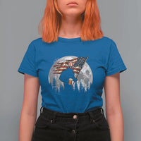 Bigfoot Drinking Beer 4th of July T Shirt For Women Sasquatch Hiking Moon American Flag