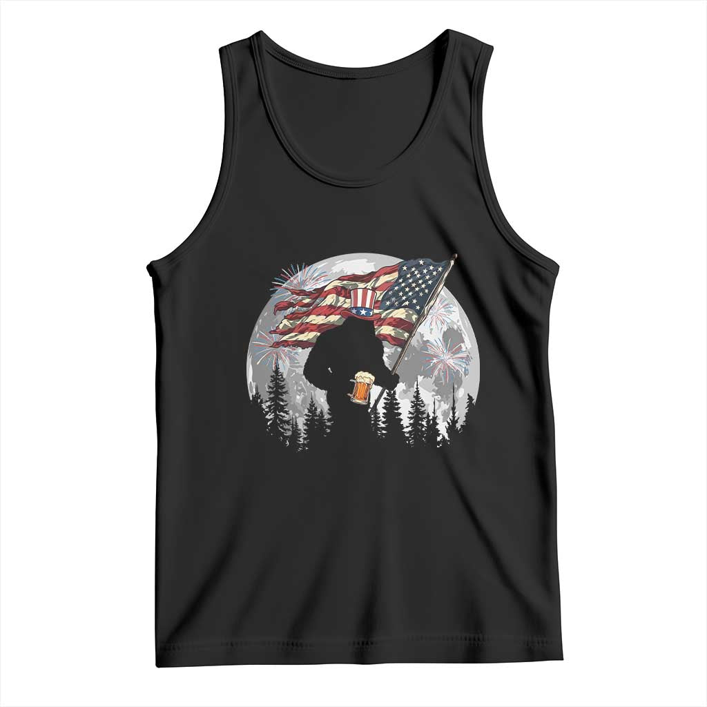 Bigfoot Drinking Beer 4th of July Tank Top Sasquatch Hiking Moon American Flag