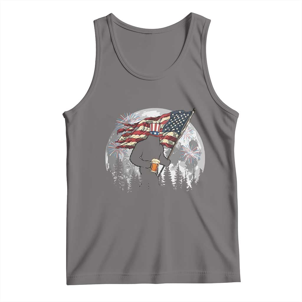 Bigfoot Drinking Beer 4th of July Tank Top Sasquatch Hiking Moon American Flag