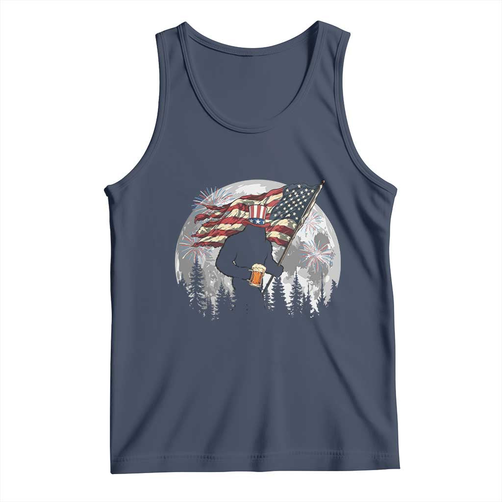 Bigfoot Drinking Beer 4th of July Tank Top Sasquatch Hiking Moon American Flag