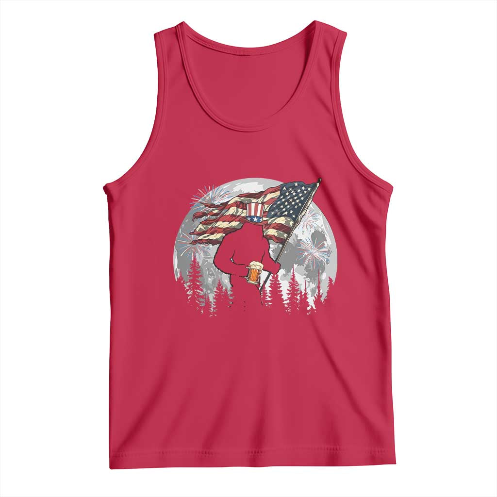 Bigfoot Drinking Beer 4th of July Tank Top Sasquatch Hiking Moon American Flag