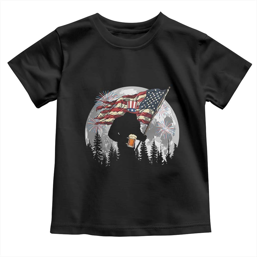 Bigfoot Drinking Beer 4th of July Toddler T Shirt Sasquatch Hiking Moon American Flag