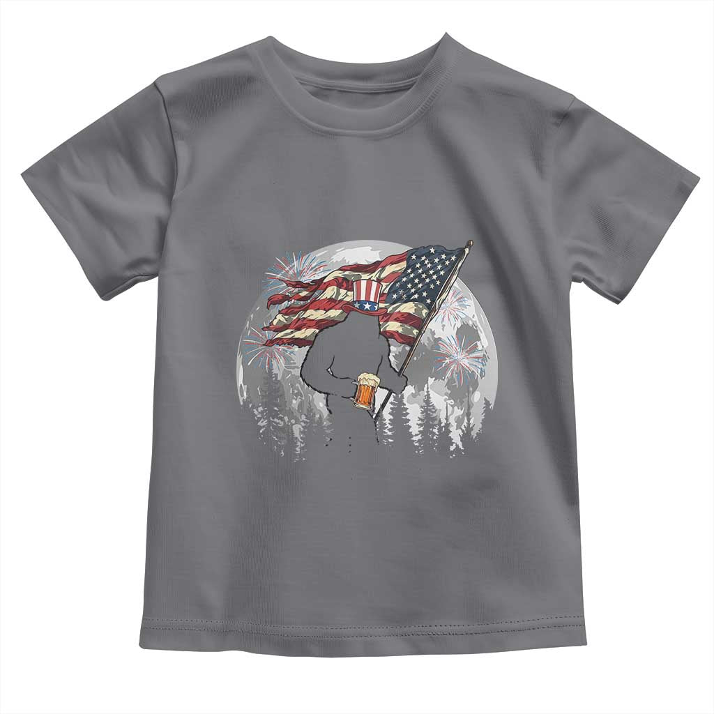 Bigfoot Drinking Beer 4th of July Toddler T Shirt Sasquatch Hiking Moon American Flag