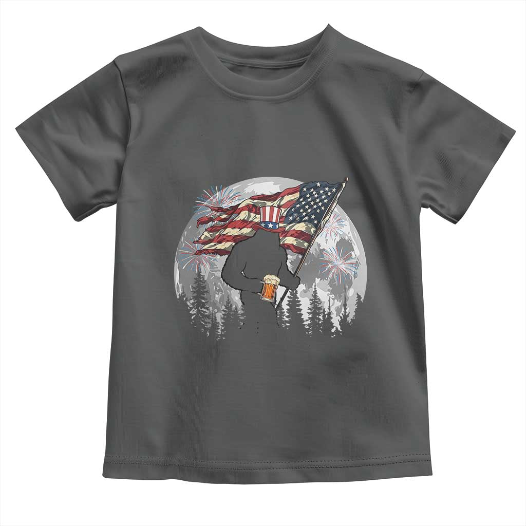 Bigfoot Drinking Beer 4th of July Toddler T Shirt Sasquatch Hiking Moon American Flag