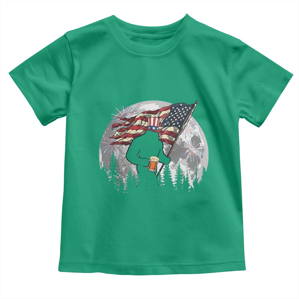 Bigfoot Drinking Beer 4th of July Toddler T Shirt Sasquatch Hiking Moon American Flag
