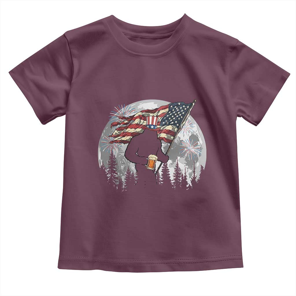 Bigfoot Drinking Beer 4th of July Toddler T Shirt Sasquatch Hiking Moon American Flag