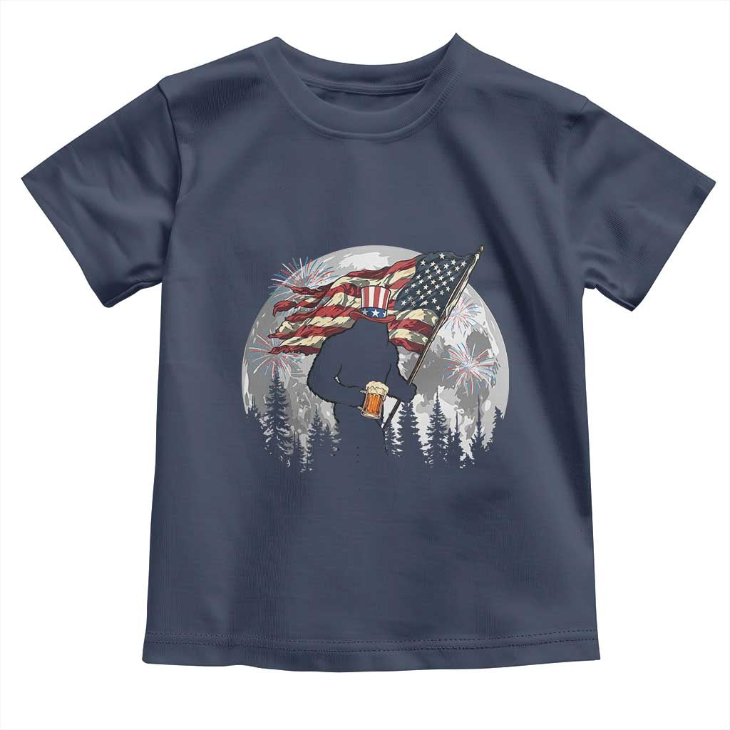 Bigfoot Drinking Beer 4th of July Toddler T Shirt Sasquatch Hiking Moon American Flag