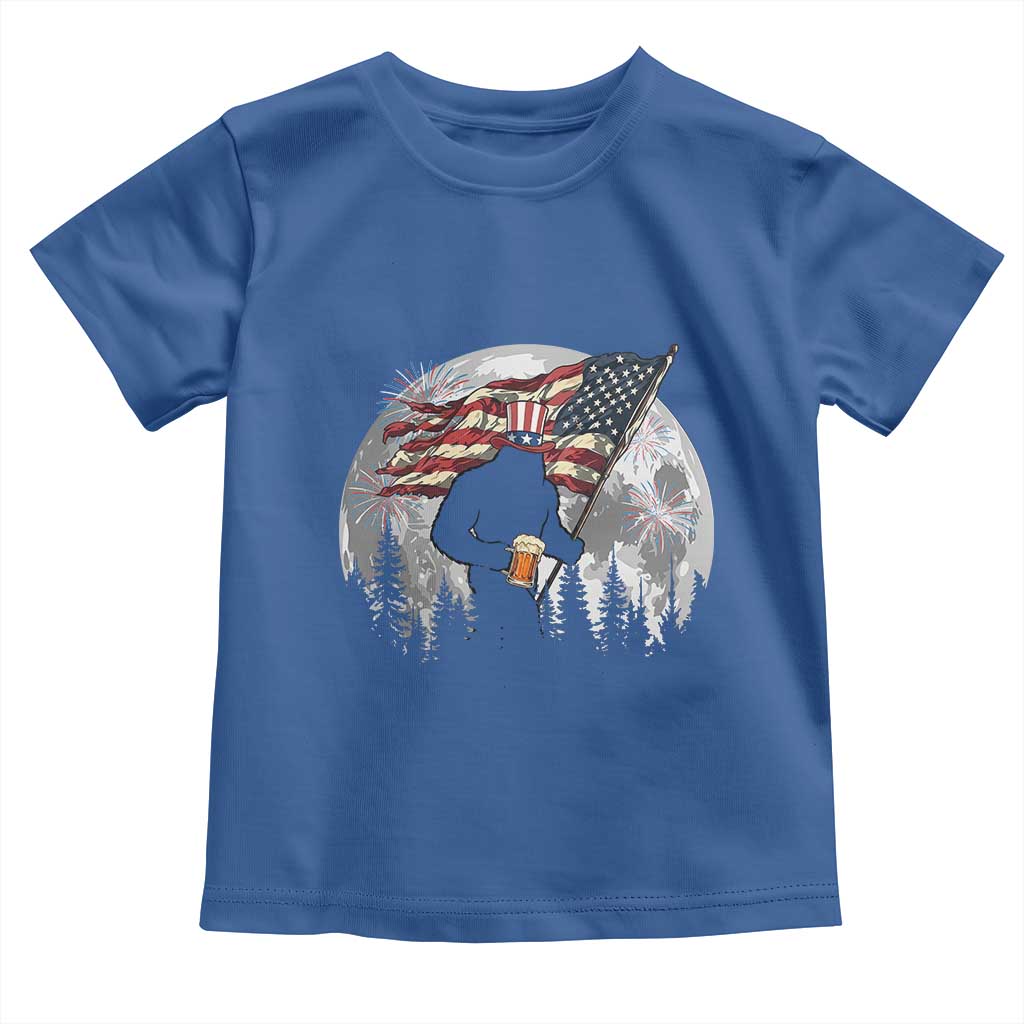 Bigfoot Drinking Beer 4th of July Toddler T Shirt Sasquatch Hiking Moon American Flag