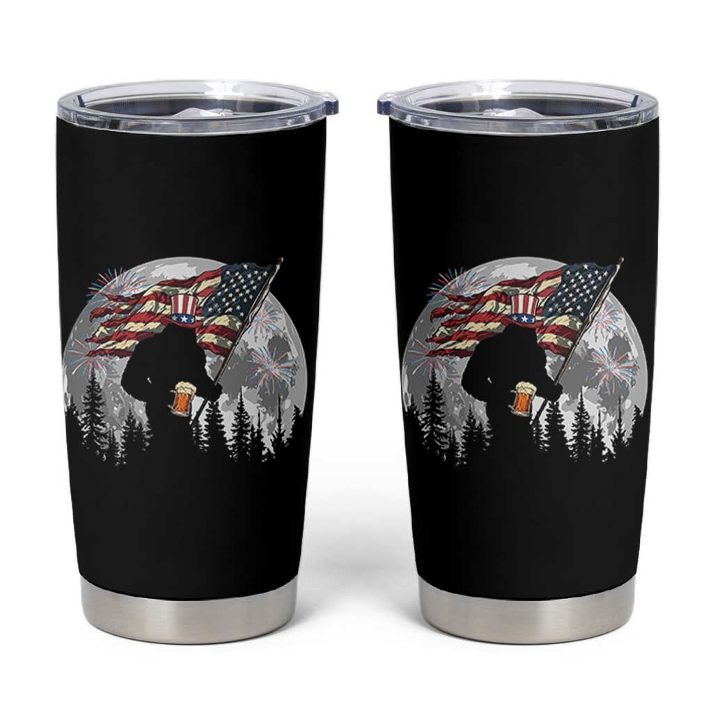 Bigfoot Drinking Beer 4th of July Tumbler Cup Sasquatch Hiking Moon American Flag