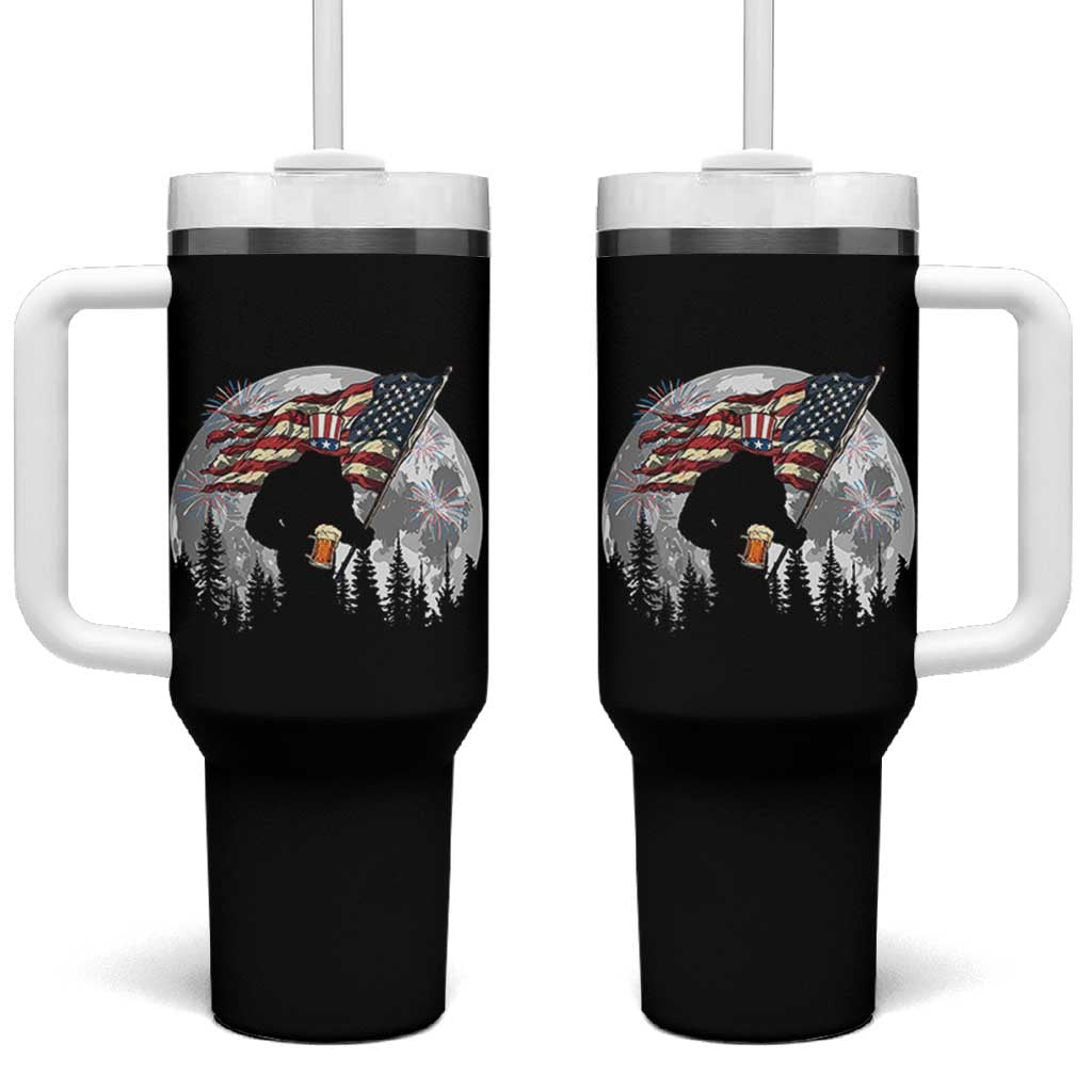 Bigfoot Drinking Beer 4th of July Tumbler With Handle Sasquatch Hiking Moon American Flag