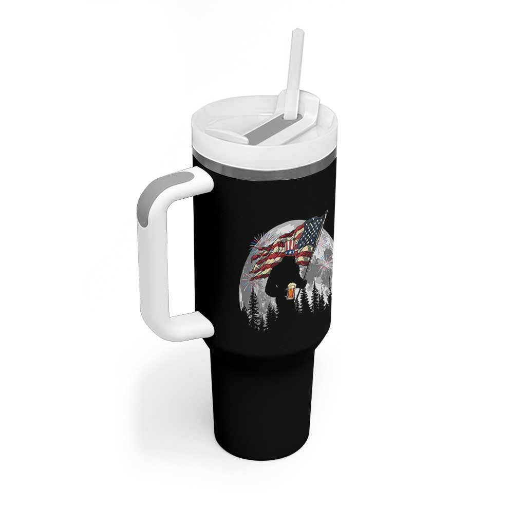 Bigfoot Drinking Beer 4th of July Tumbler With Handle Sasquatch Hiking Moon American Flag