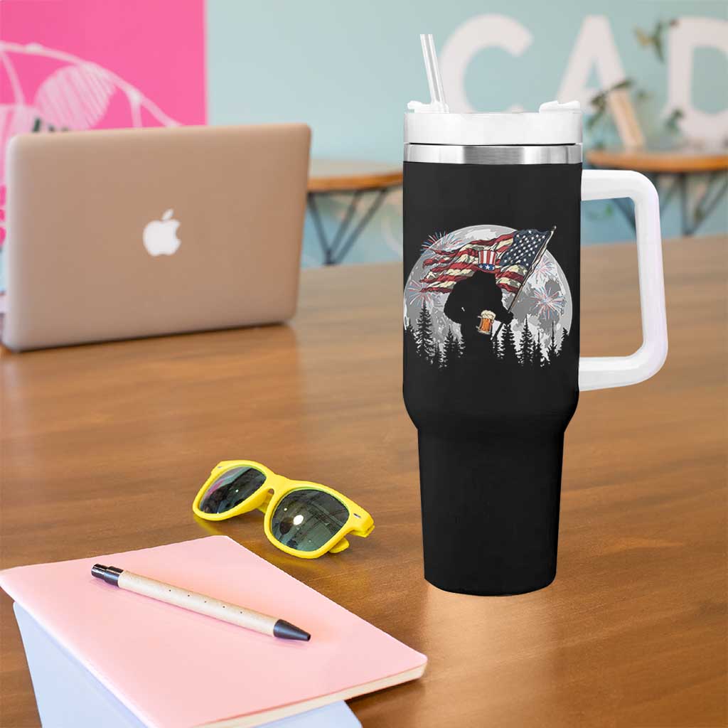 Bigfoot Drinking Beer 4th of July Tumbler With Handle Sasquatch Hiking Moon American Flag