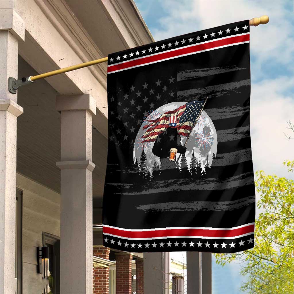 Bigfoot Drinking Beer 4th of July Patriotic Garden Flag Sasquatch Hiking Moon American Flag