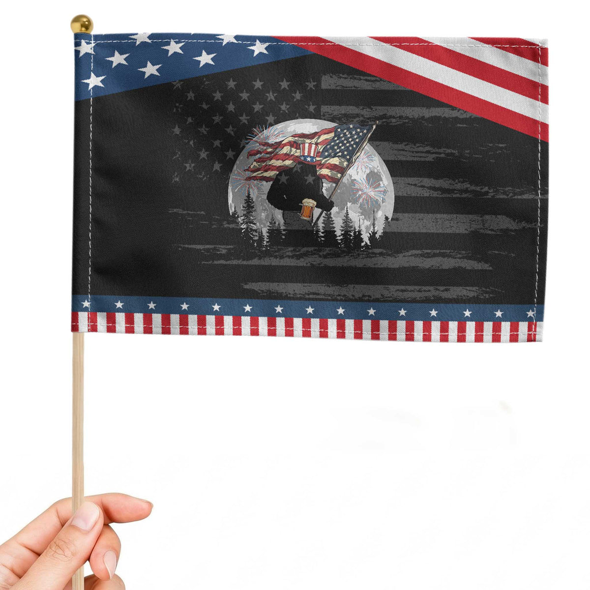Bigfoot Drinking Beer 4th of July Patriotic Handheld Flag Sasquatch Hiking Moon American Flag