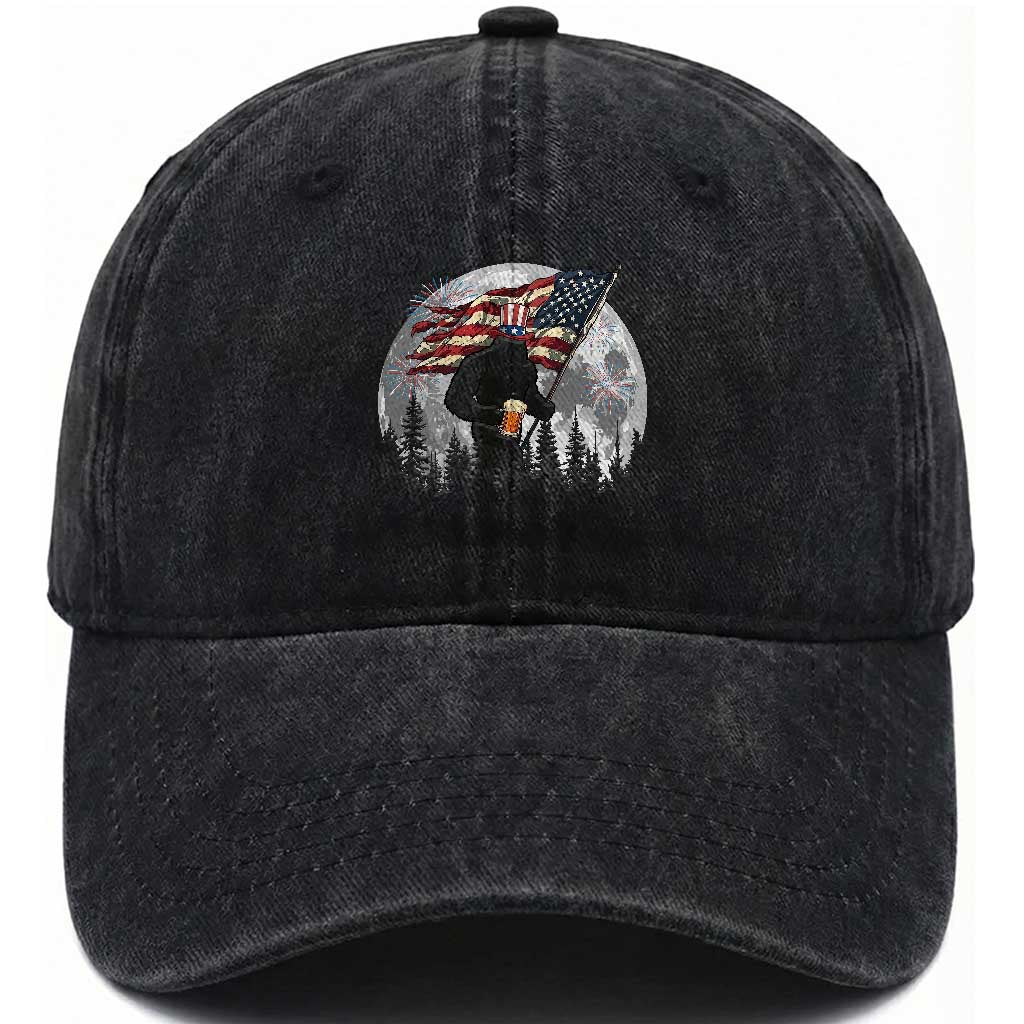Bigfoot Drinking Beer 4th of July Washed Cotton Baseball Cap Sasquatch Hiking Moon American Flag