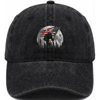 Bigfoot Drinking Beer 4th of July Washed Cotton Baseball Cap Sasquatch Hiking Moon American Flag