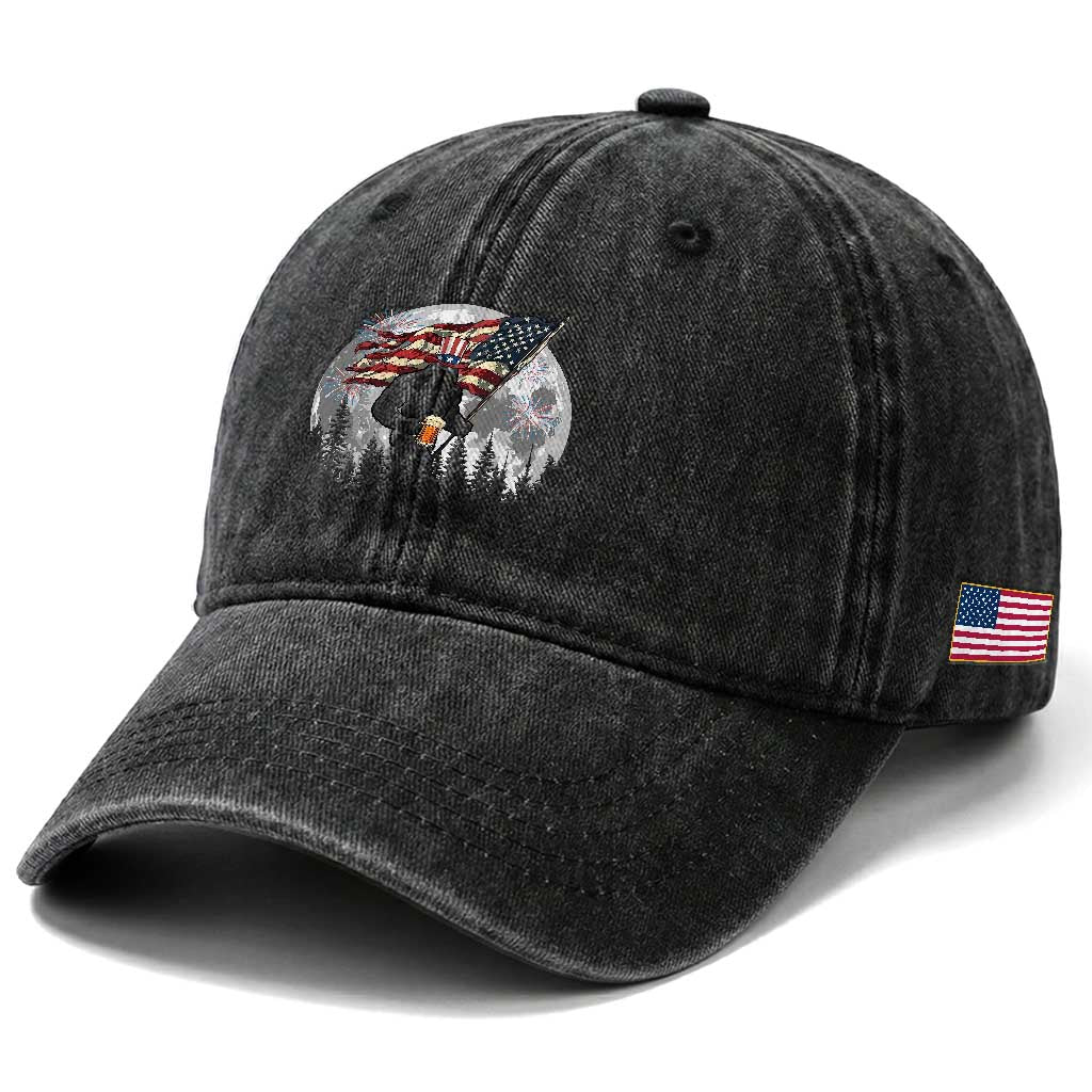 Bigfoot Drinking Beer 4th of July Washed Cotton Baseball Cap Sasquatch Hiking Moon American Flag