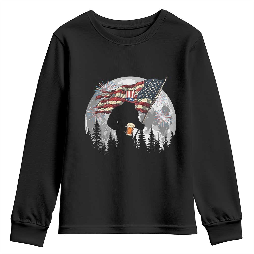 Bigfoot Drinking Beer 4th of July Youth Sweatshirt Sasquatch Hiking Moon American Flag