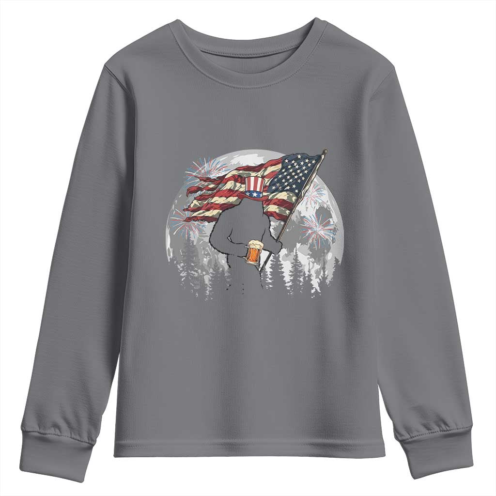 Bigfoot Drinking Beer 4th of July Youth Sweatshirt Sasquatch Hiking Moon American Flag