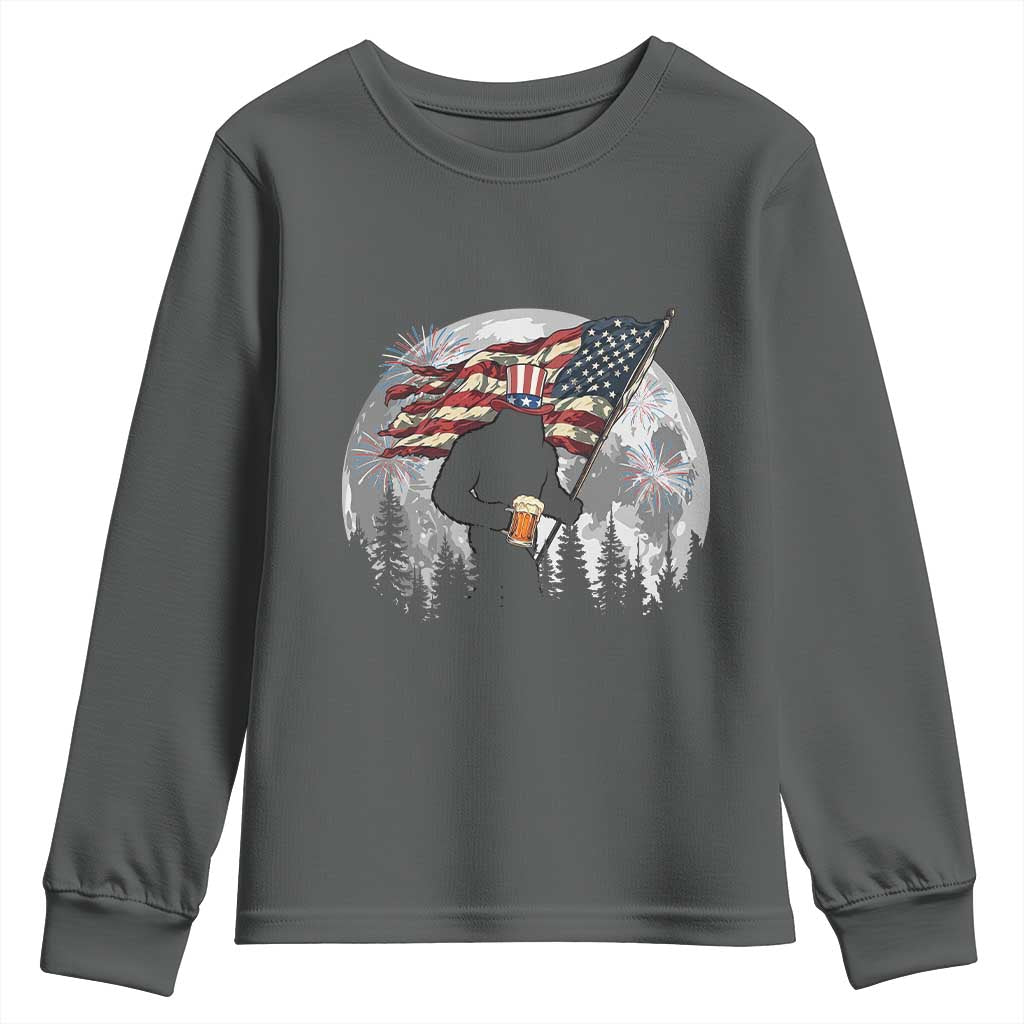 Bigfoot Drinking Beer 4th of July Youth Sweatshirt Sasquatch Hiking Moon American Flag