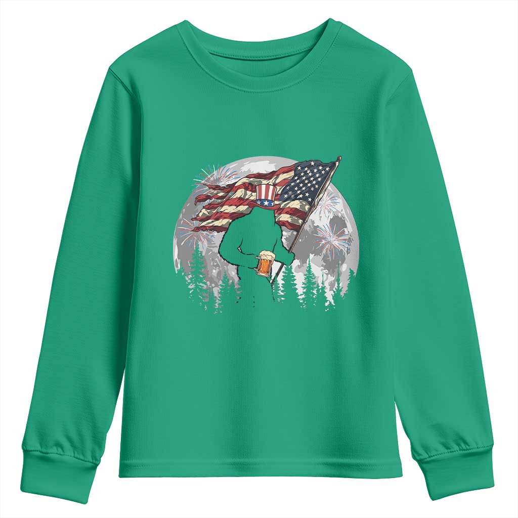 Bigfoot Drinking Beer 4th of July Youth Sweatshirt Sasquatch Hiking Moon American Flag
