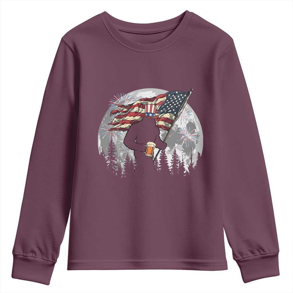 Bigfoot Drinking Beer 4th of July Youth Sweatshirt Sasquatch Hiking Moon American Flag
