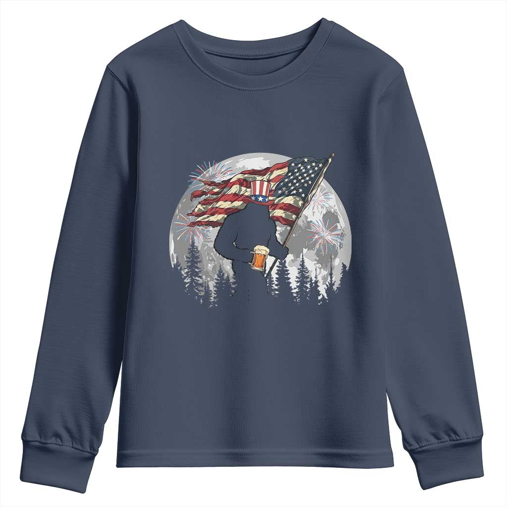 Bigfoot Drinking Beer 4th of July Youth Sweatshirt Sasquatch Hiking Moon American Flag