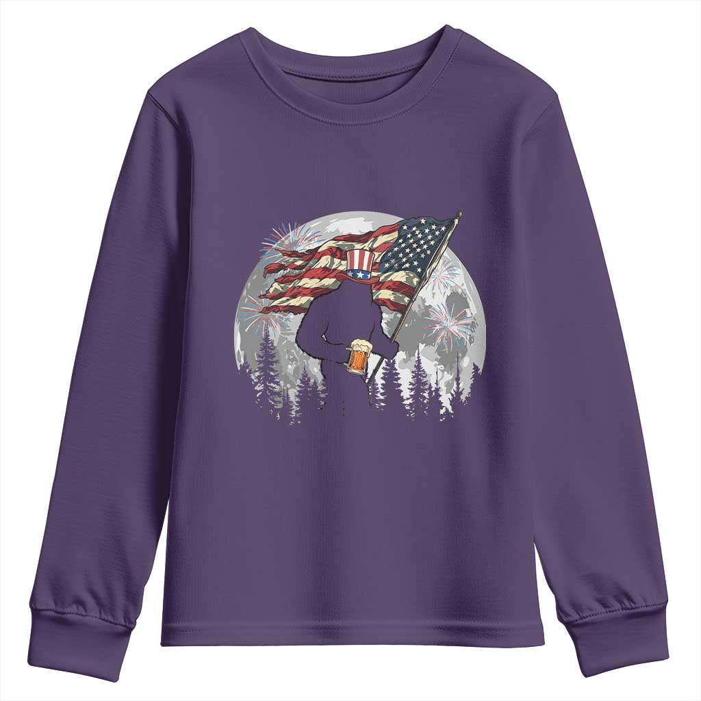 Bigfoot Drinking Beer 4th of July Youth Sweatshirt Sasquatch Hiking Moon American Flag