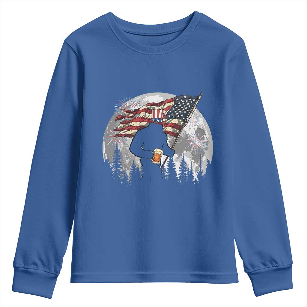 Bigfoot Drinking Beer 4th of July Youth Sweatshirt Sasquatch Hiking Moon American Flag