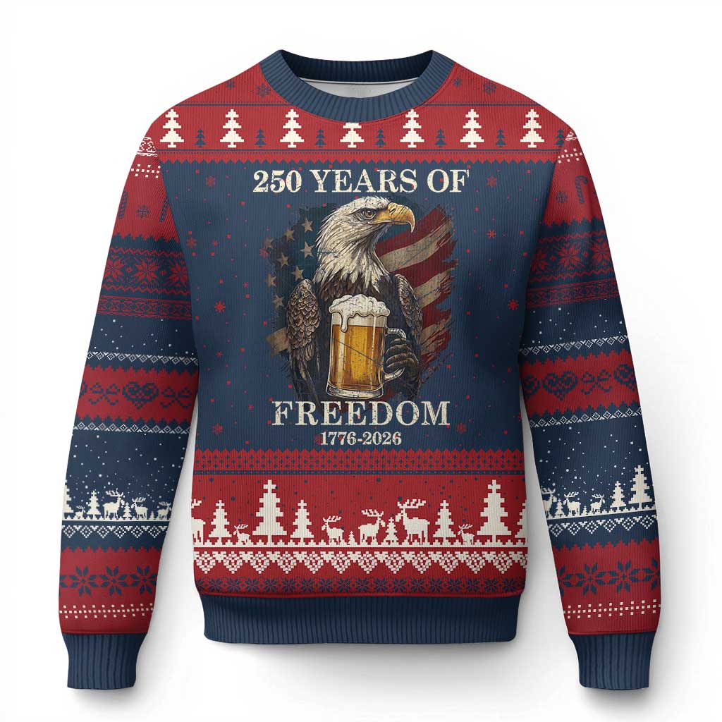 250 Years Of Freedom Ugly Christmas Sweater Bald Eagle Drinking Beer American Flag