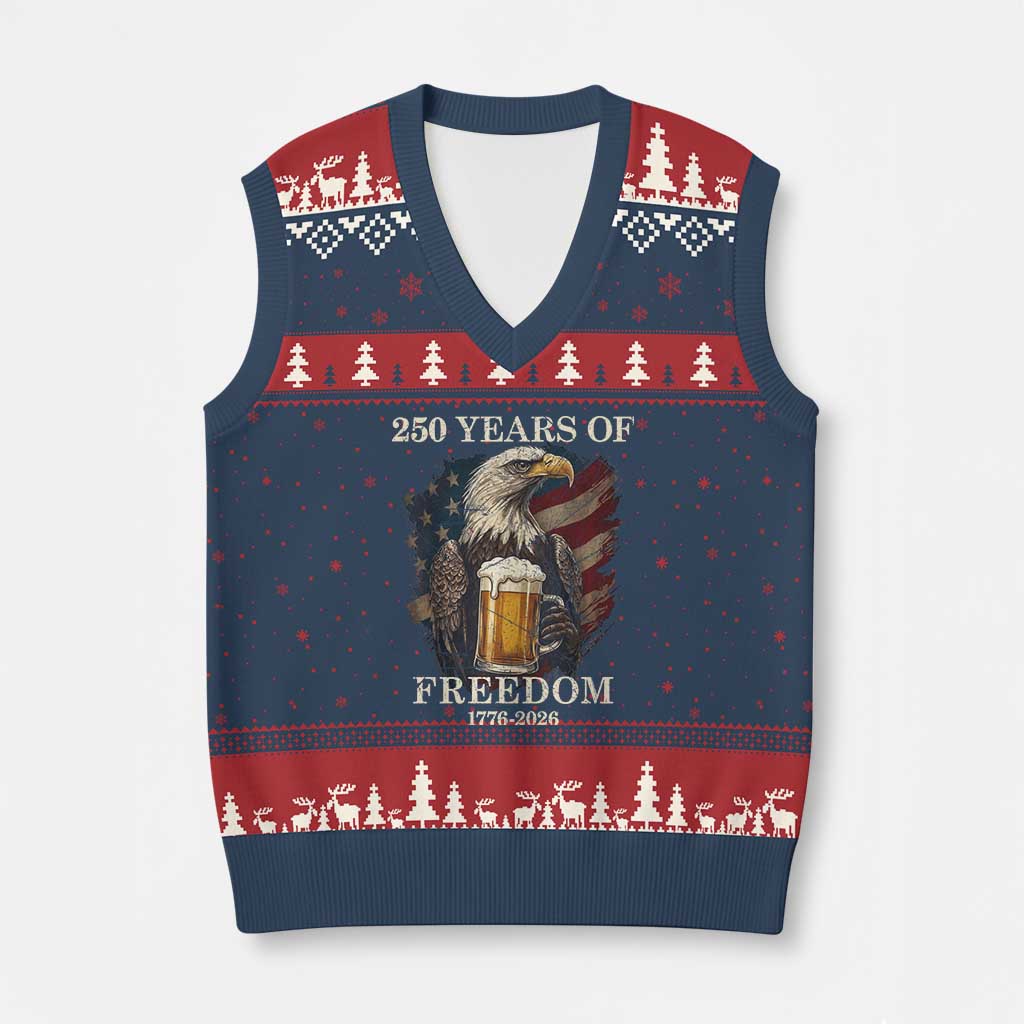 250 Years Of Freedom V-Neck Knit Sweater Vest Bald Eagle Drinking Beer American Flag