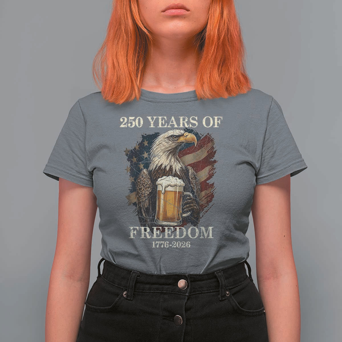 250 Years Of Freedom T Shirt For Women Bald Eagle Drinking Beer American Flag