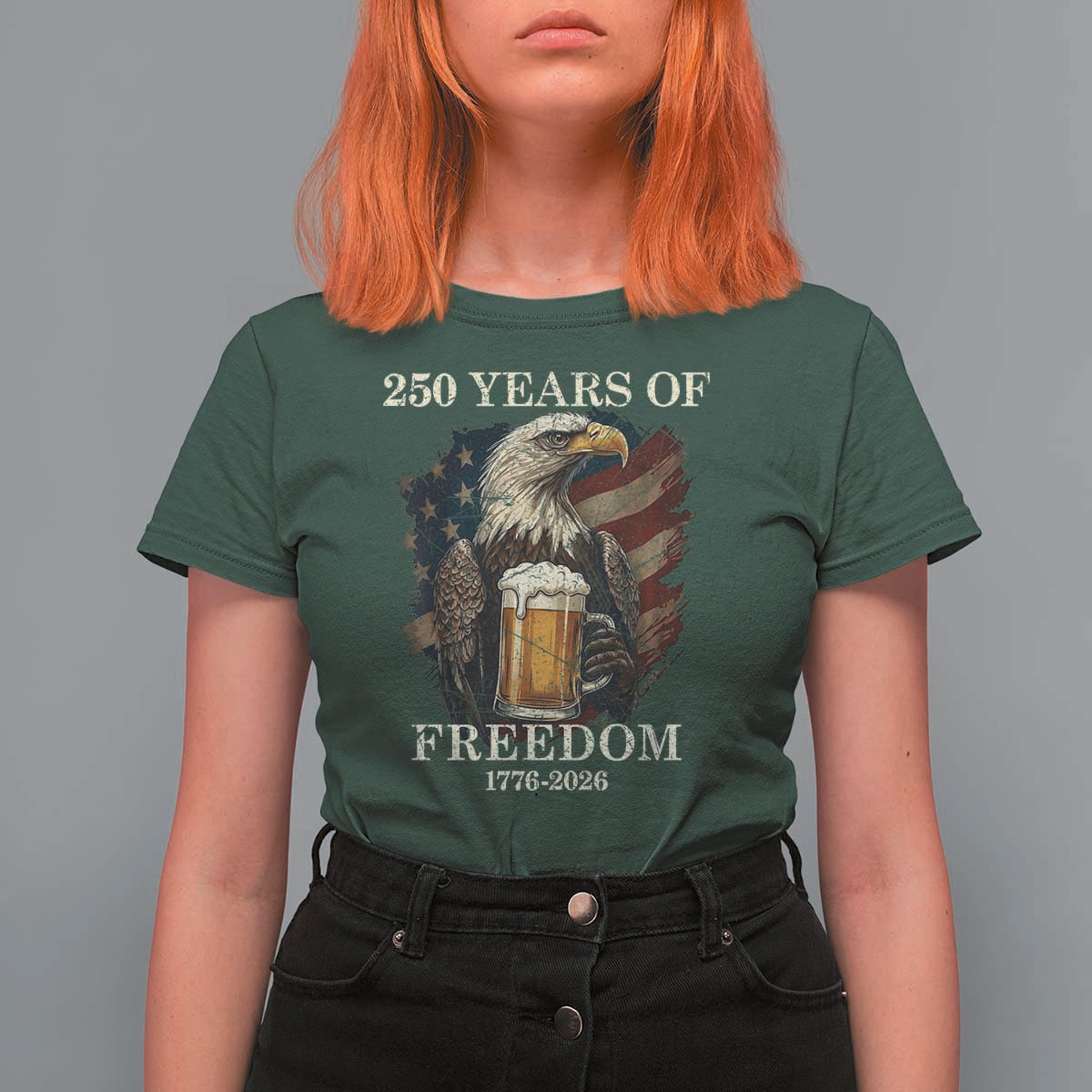 250 Years Of Freedom T Shirt For Women Bald Eagle Drinking Beer American Flag