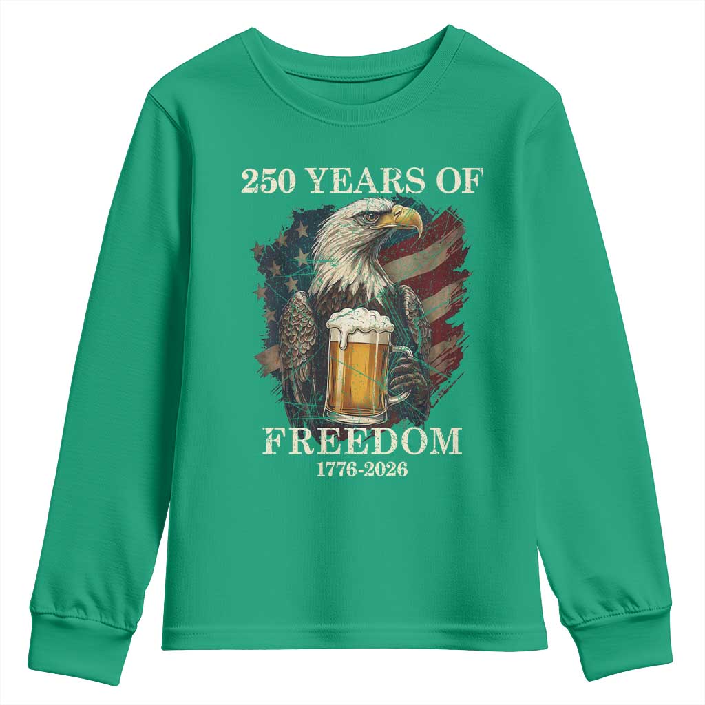 250 Years Of Freedom Youth Sweatshirt Bald Eagle Drinking Beer American Flag