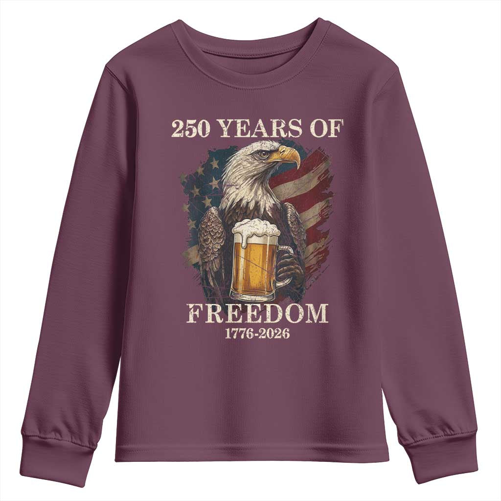 250 Years Of Freedom Youth Sweatshirt Bald Eagle Drinking Beer American Flag