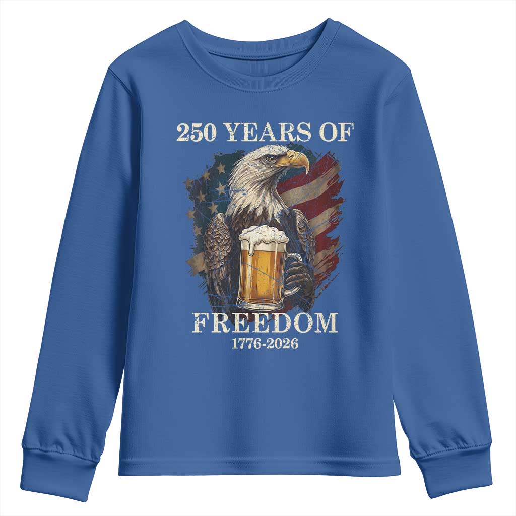 250 Years Of Freedom Youth Sweatshirt Bald Eagle Drinking Beer American Flag
