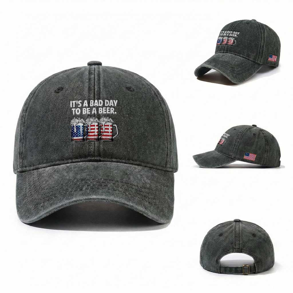 Beer American Flag 4th of July Washed Cotton Baseball Cap Bad Day to Be A Beer