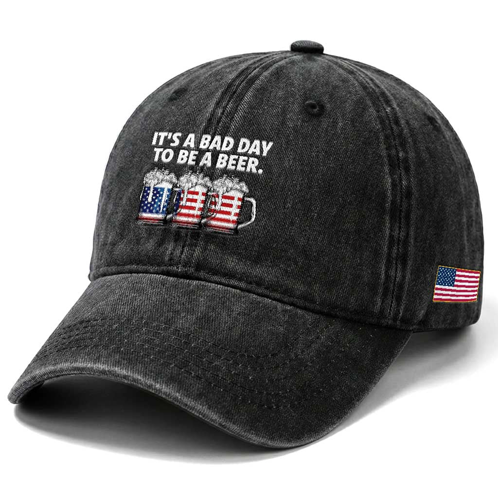 Beer American Flag 4th of July Washed Cotton Baseball Cap Bad Day to Be A Beer