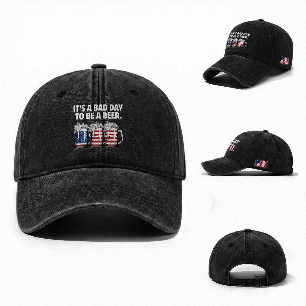 Beer American Flag 4th of July Washed Cotton Baseball Cap Bad Day to Be A Beer