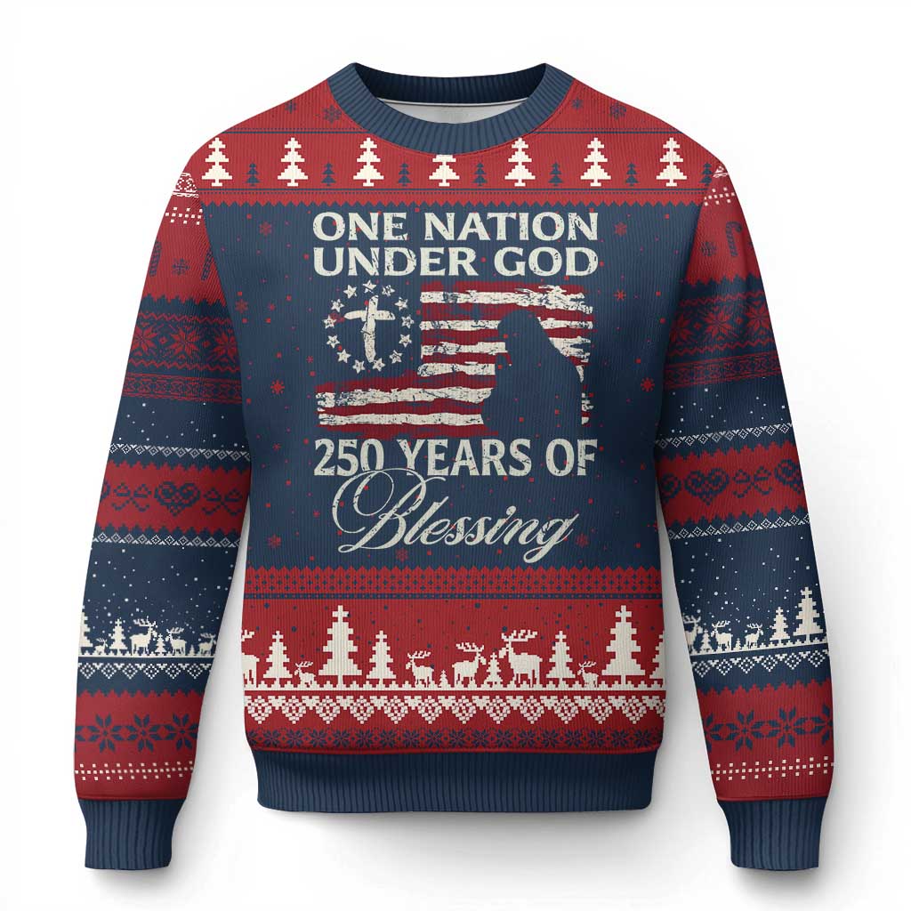 250th Anniversary USA Ugly Christmas Sweater One Nation Under God 250 Years Of Blessing